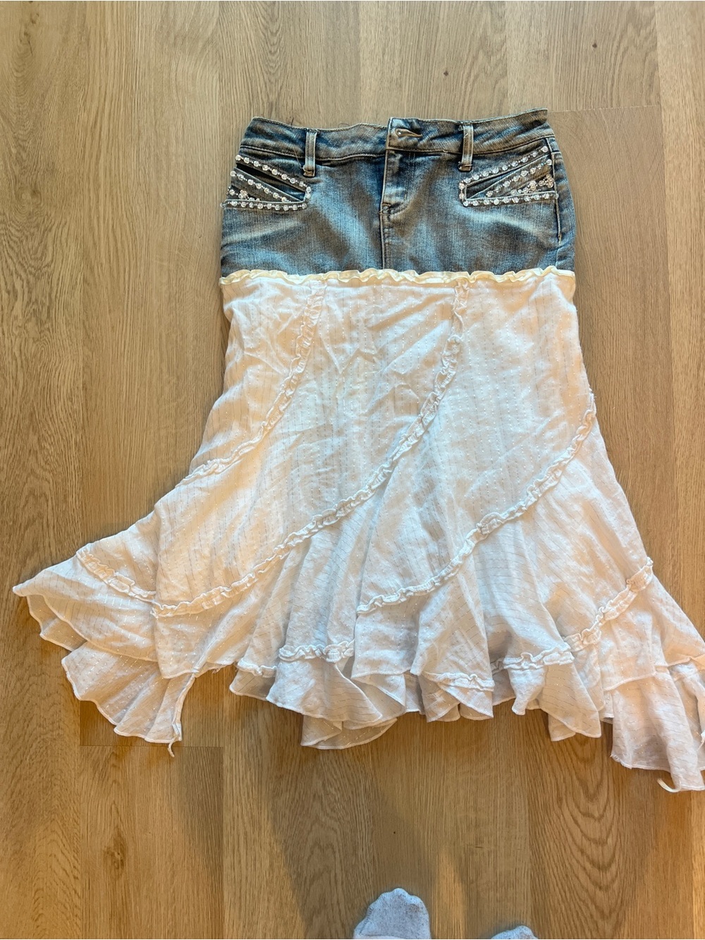 vintage candies Denim-Top White Ruffled Midi Skirt y2k